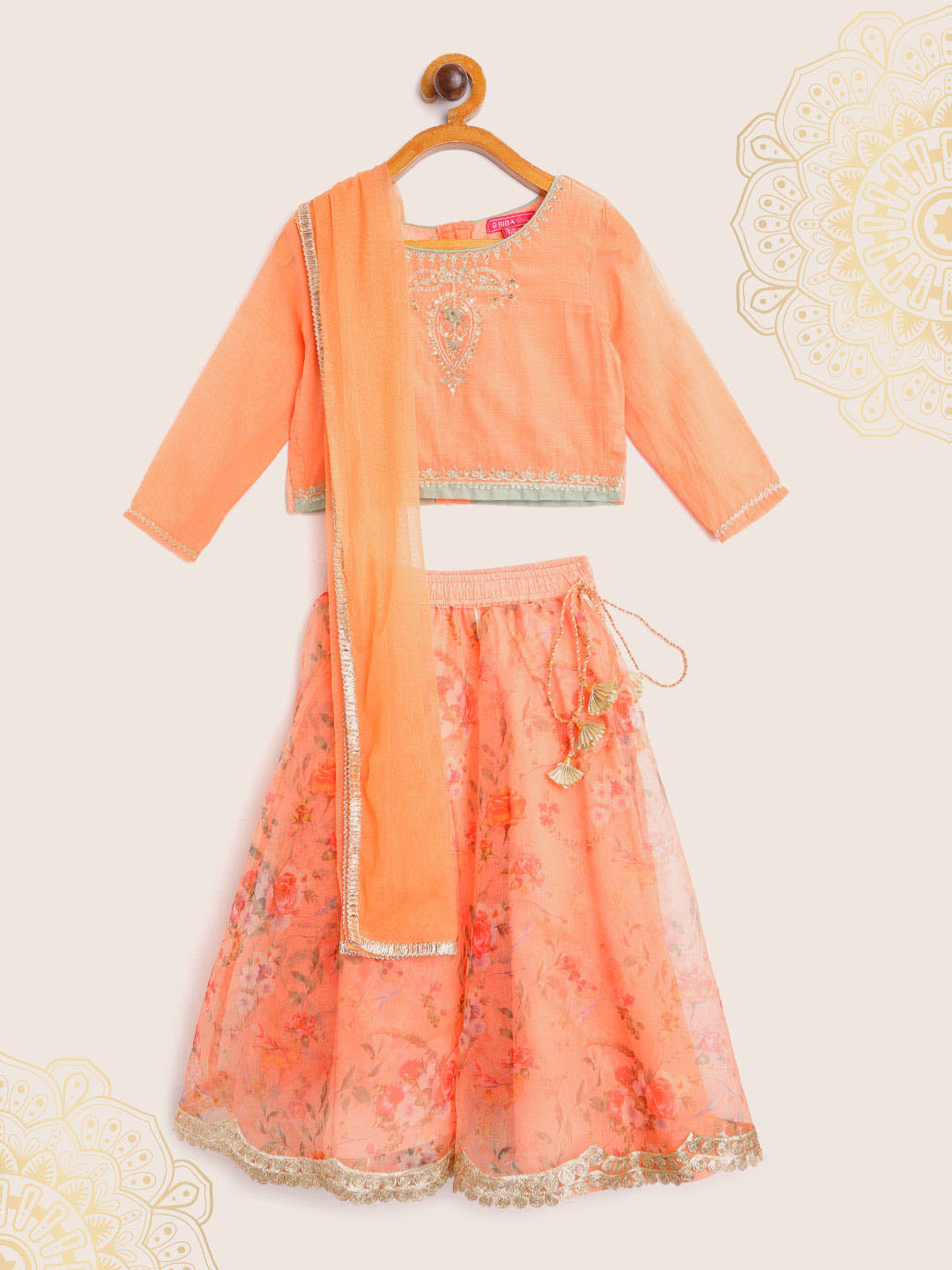 Biba Girls Peach-Coloured Floral Print Ready to Wear Lehenga & Blouse with Dupatta