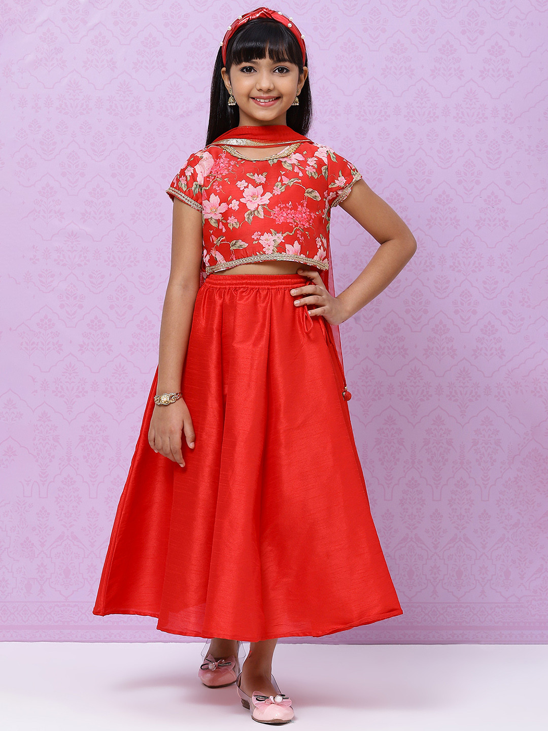 Biba Girls Red & Pink Printed Ready to Wear Lehenga & Blouse With Dupatta
