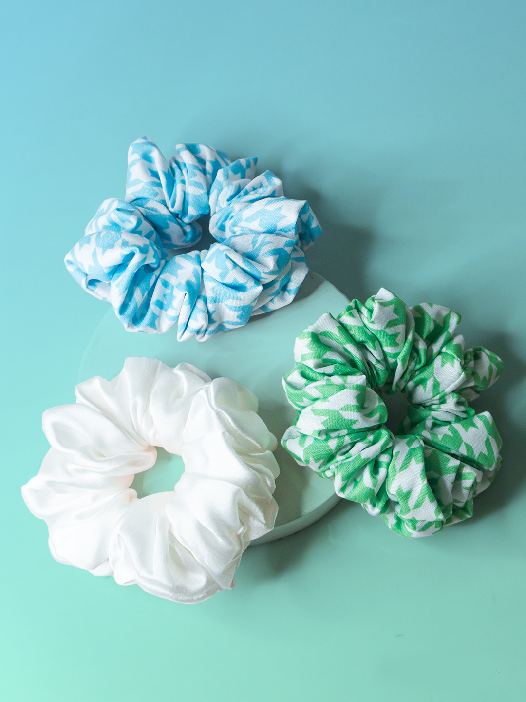 HAIR DRAMA CO. Women Set of 3 Green Blue and White Satin Ponytail Scrunchies