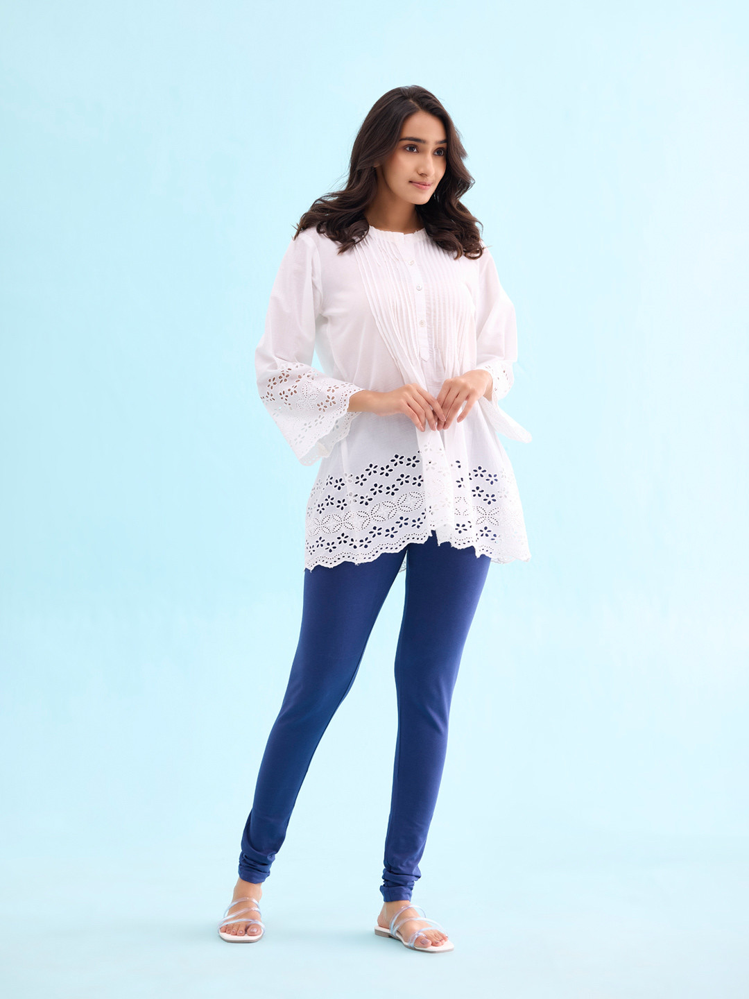 Go Colors Women Navy Blue Solid Churidar-Length Cotton Leggings