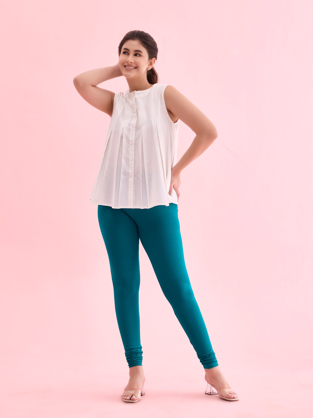 Go Colors Women Sea-Green Solid Churidar-Length Cotton Leggings