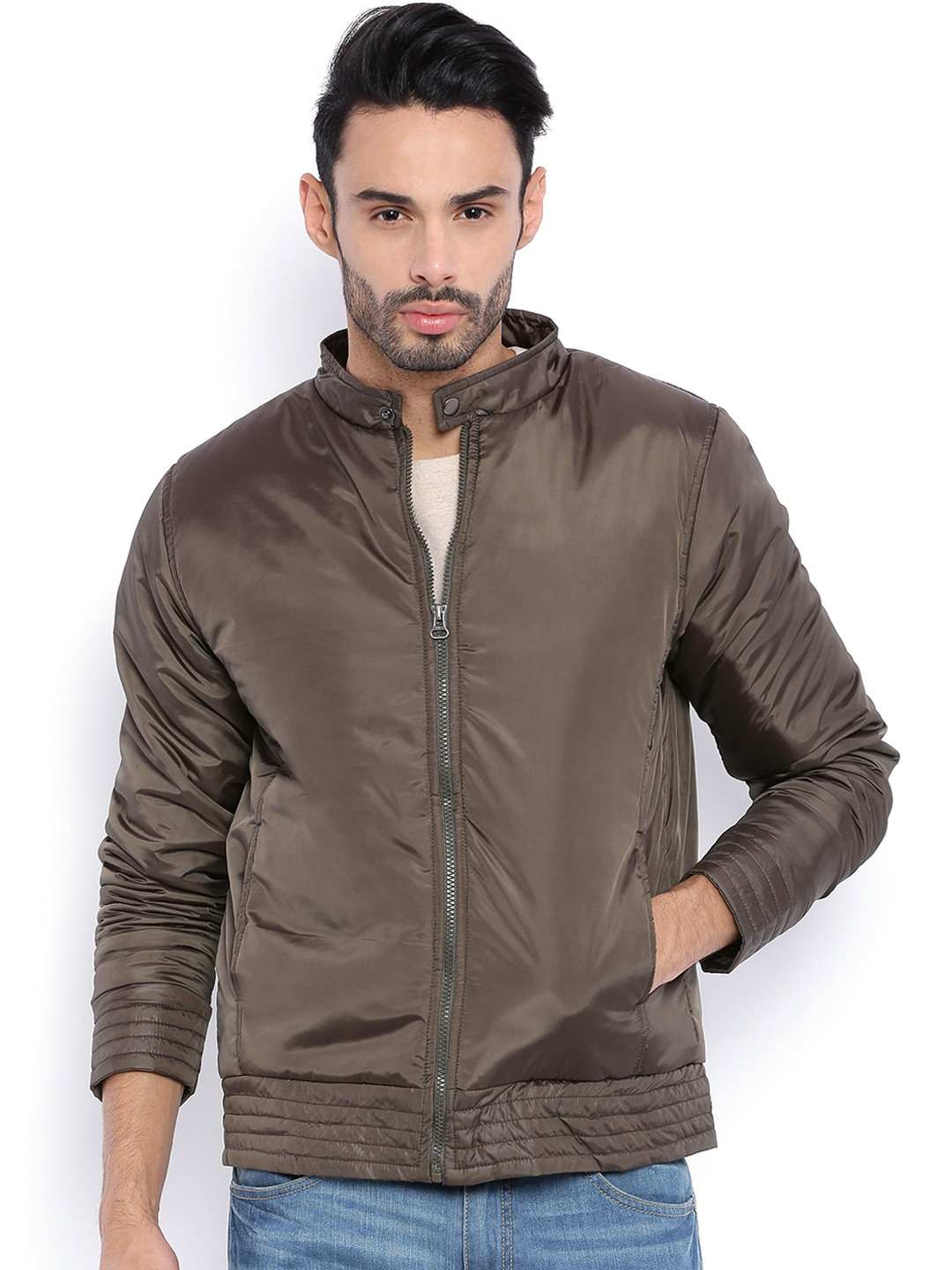 Campus Sutra Grey Quilted Bomber Jacket
