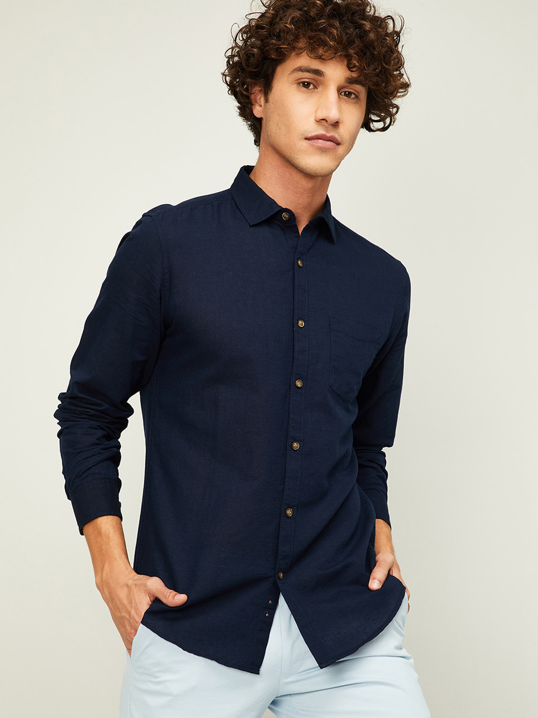 Fame Forever by Lifestyle Men Navy Blue Slim Fit Opaque Cotton Casual Shirt
