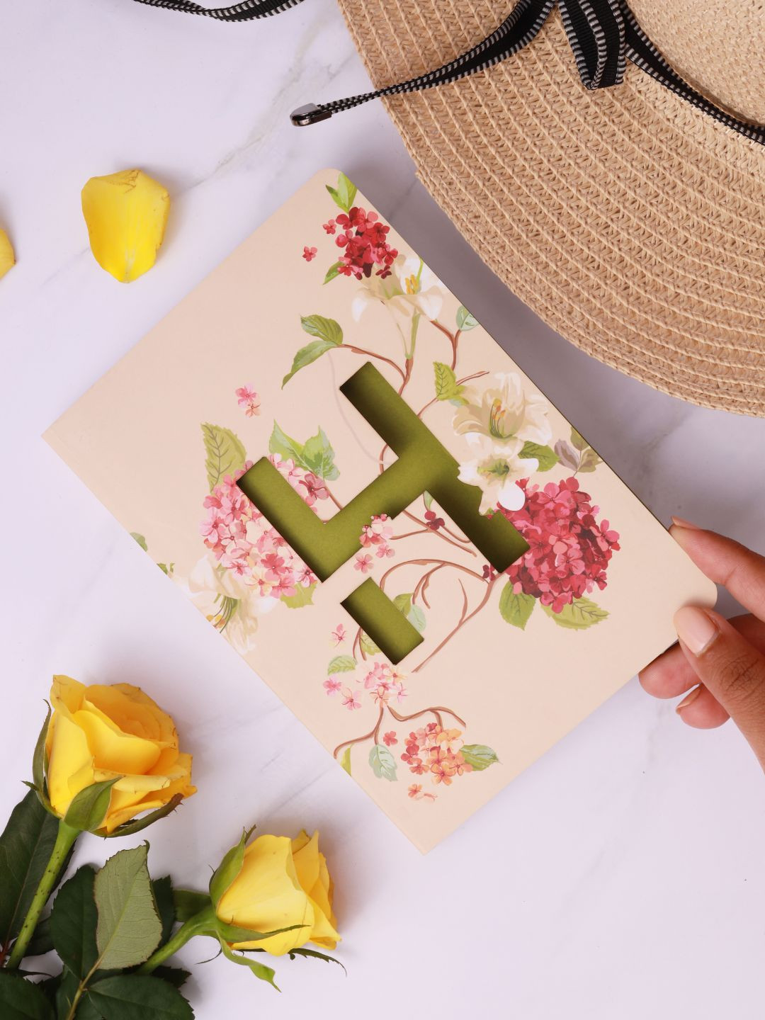 Doodle Cream-Coloured & Green Initial H - Floral Monogram Notebook