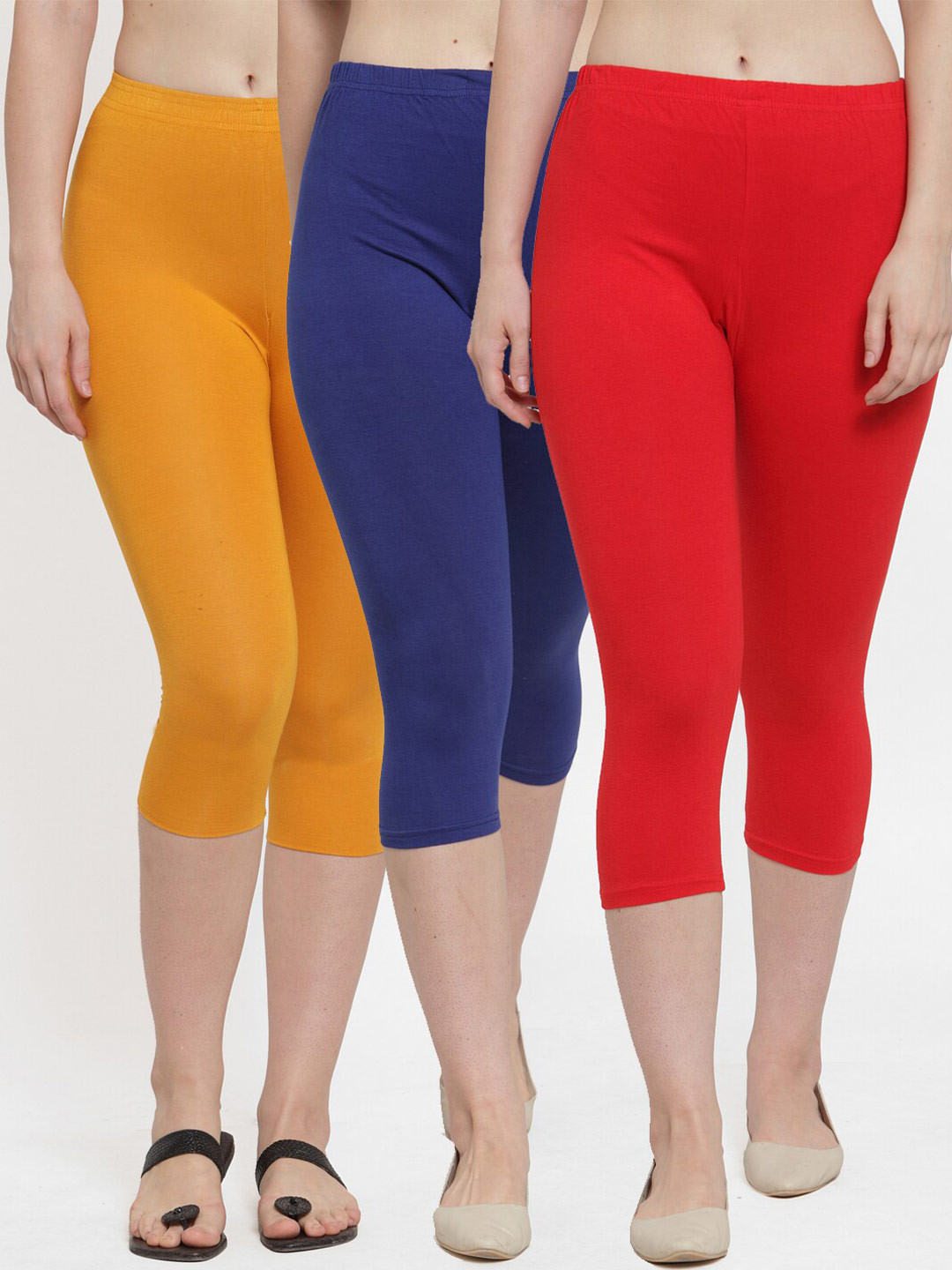 GRACIT Women Pack of 3 Red Blue & Mustard Capris