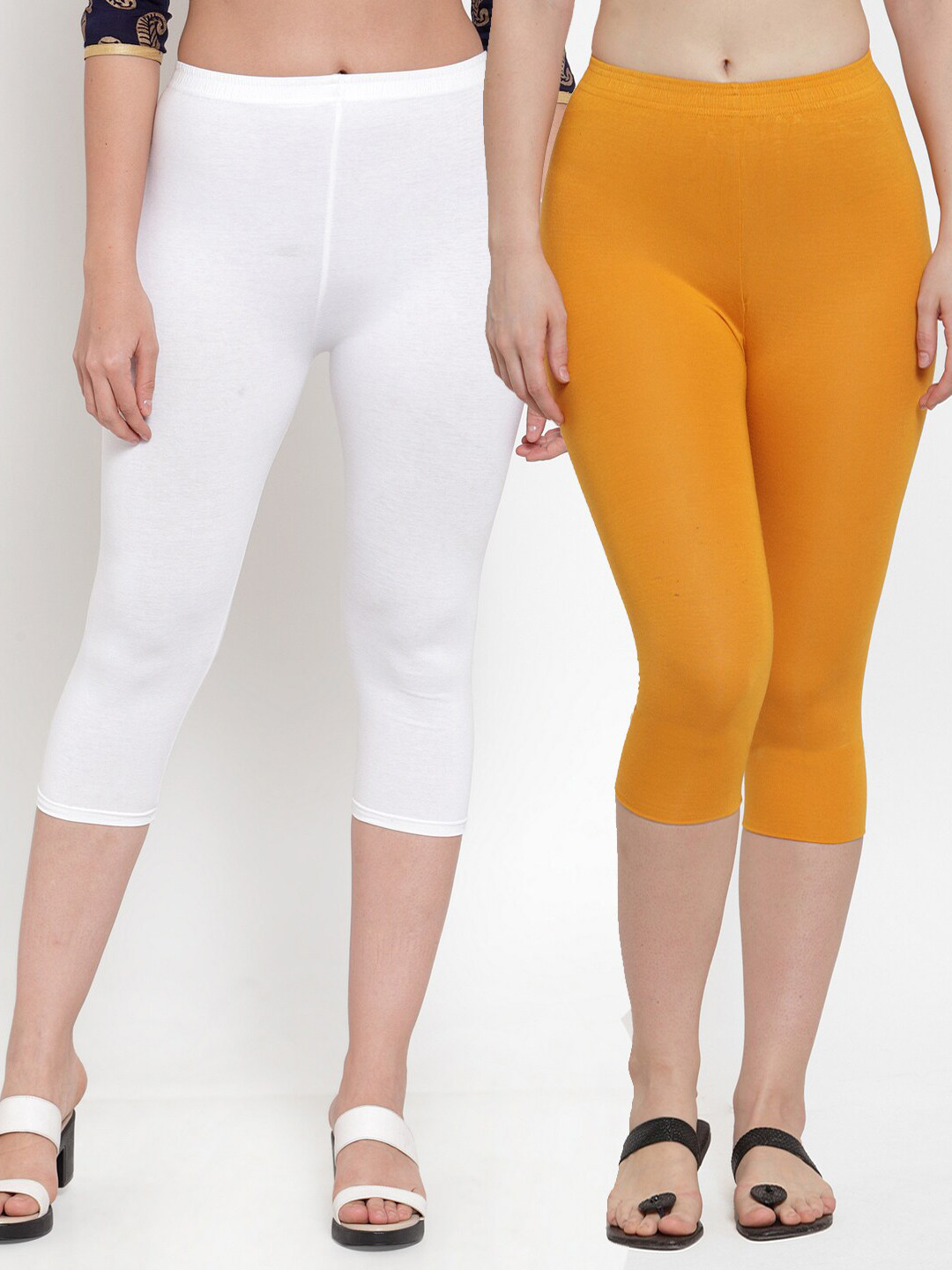GRACIT Women White Mustard Super Combod 100% Cotton Lycra Capri