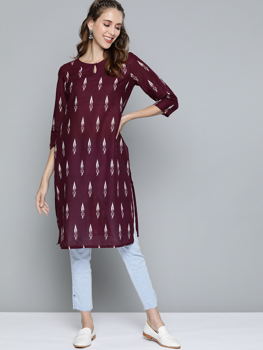 HERE&NOW Women Burgundy & White Printed Keyhole Neck Kurta