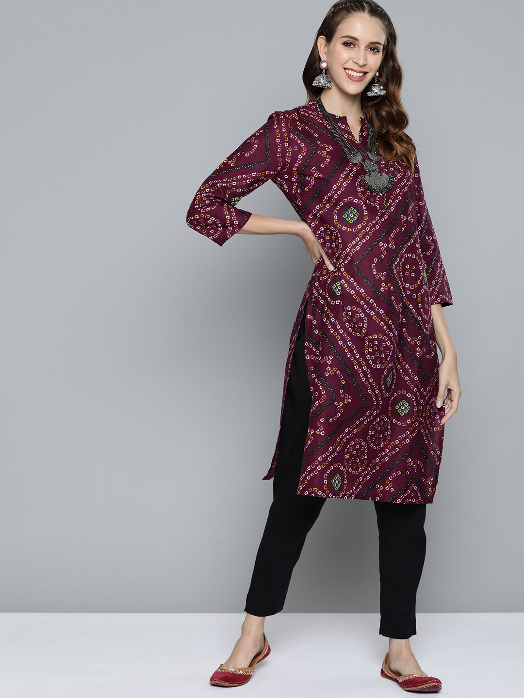 HERE&NOW Women Burgundy & Black Bandhani Print Kurta