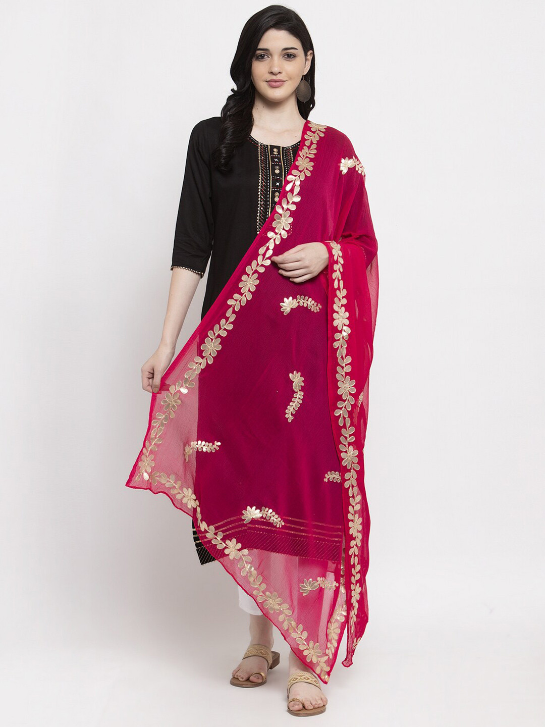 Clora Creation Magenta & Gold Gotta Patti Embroidered Dupatta