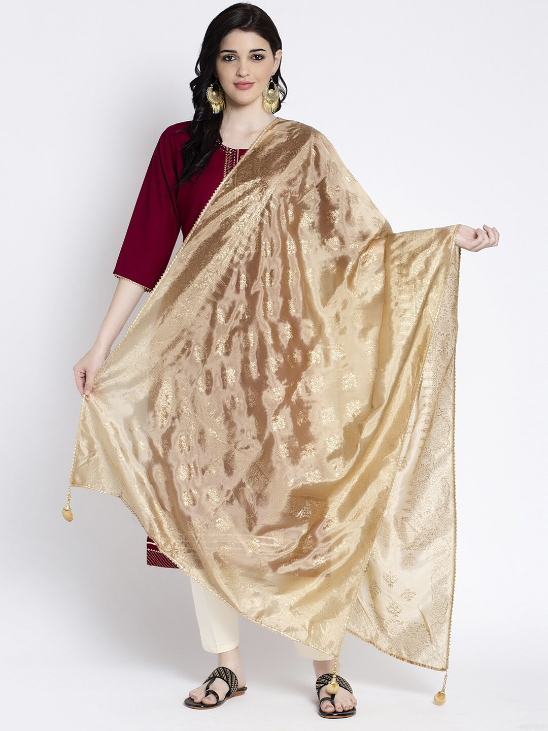 Clora Creation Gold Fawn Printed Dupatta with Gotta Patti Border