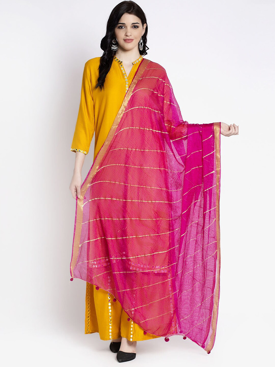 Clora Creation Magenta & Gold Printed Kota Cotton Dupatta with Zari Woven Border