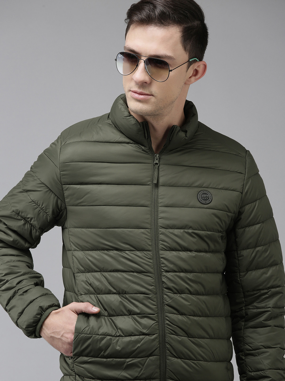 U S Polo Assn Men Olive Green Solid Puffer Jacket