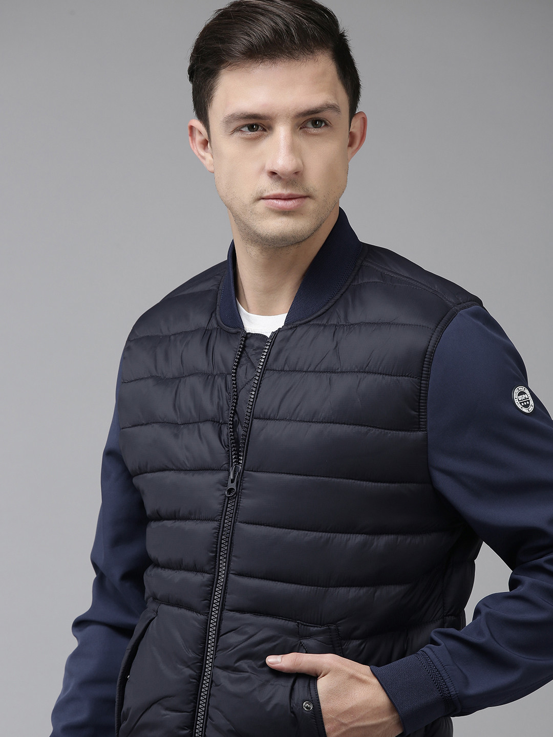U S Polo Assn Men Navy Blue Solid Puffer Jacket