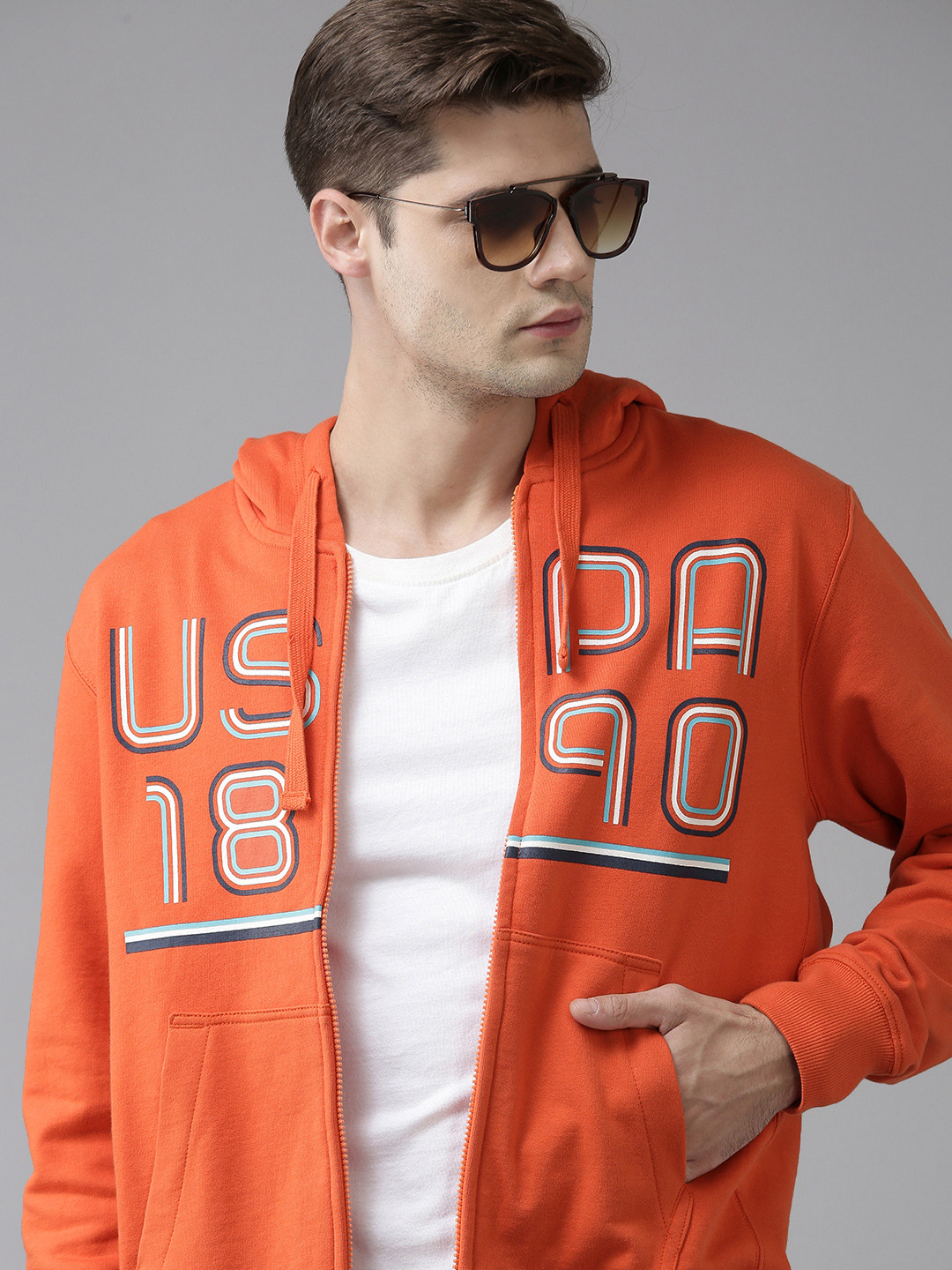 U S Polo Assn Men Orange Printed Hooded Front-Open Sweatshirt