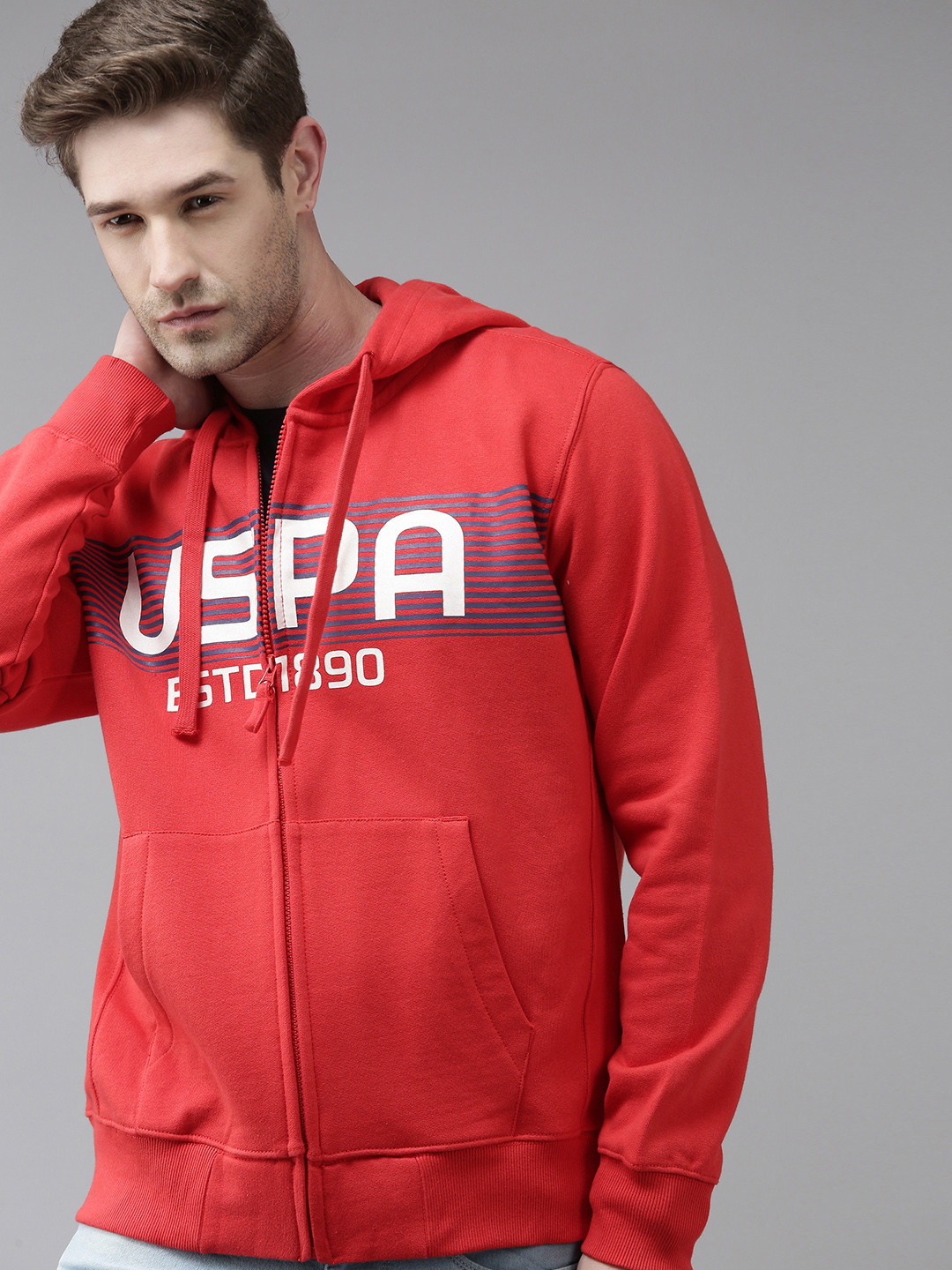 U S Polo Assn Men Red Printed Hooded Sweatshirt