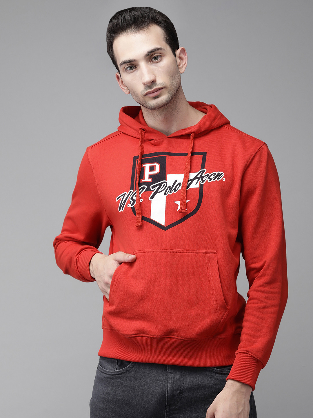 U S Polo Assn Men Red Logo Printed Hooded Sweatshirt