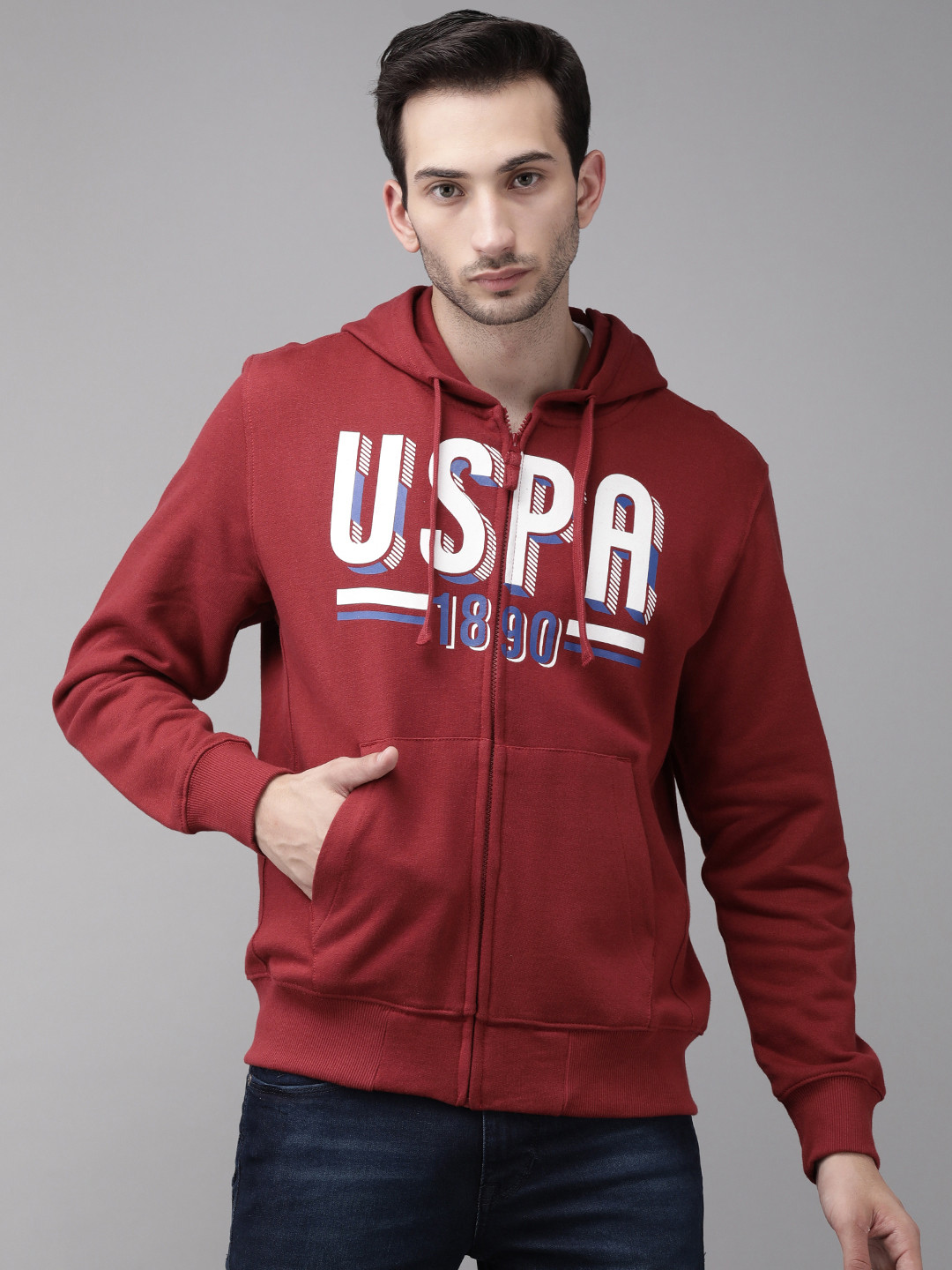 U S Polo Assn Men Maroon & White Printed Hooded Sweatshirt