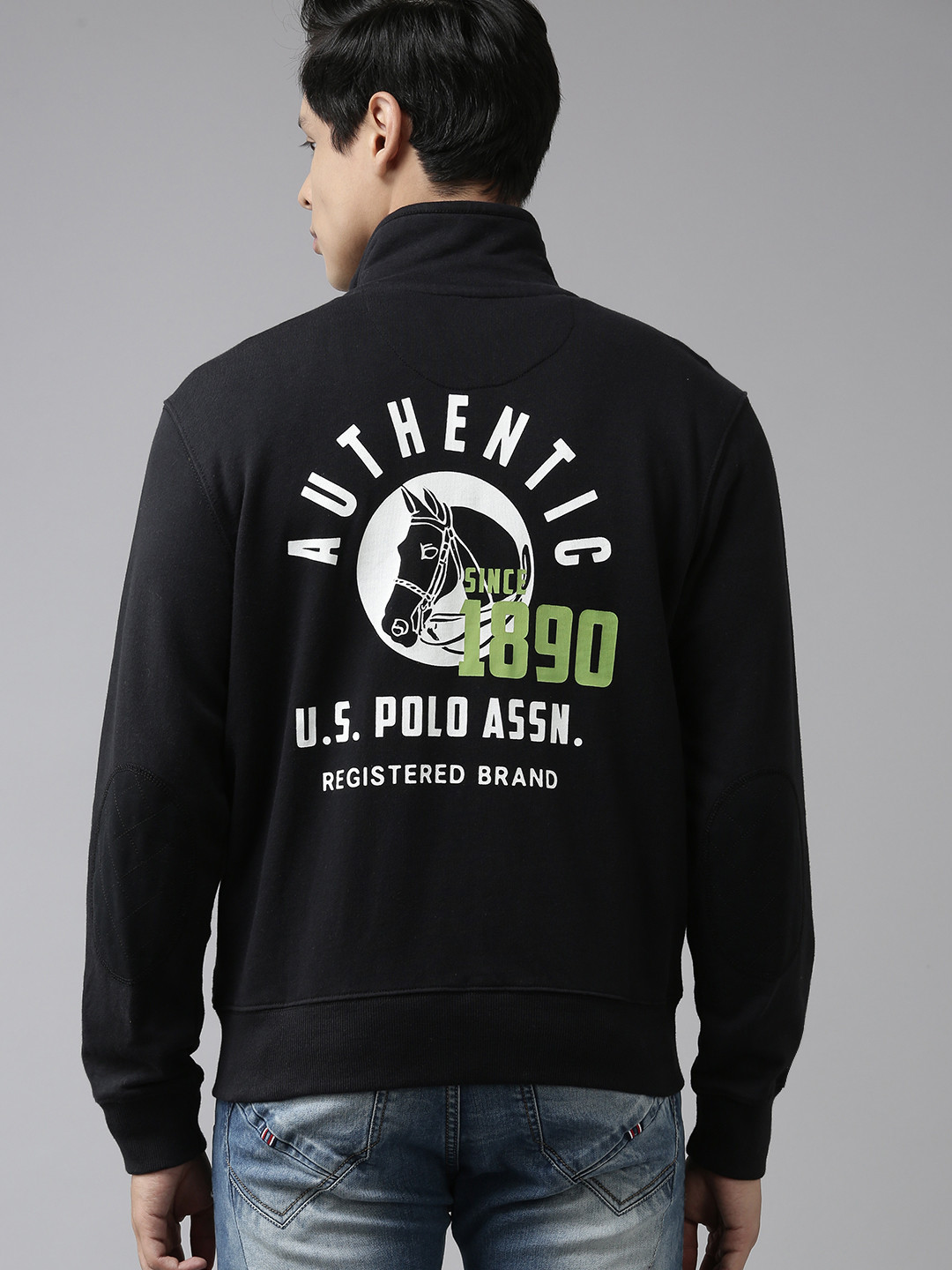 U.S. Polo Assn. Men Black & White Pure Cotton Brand Logo Printed Back Sweatshirt