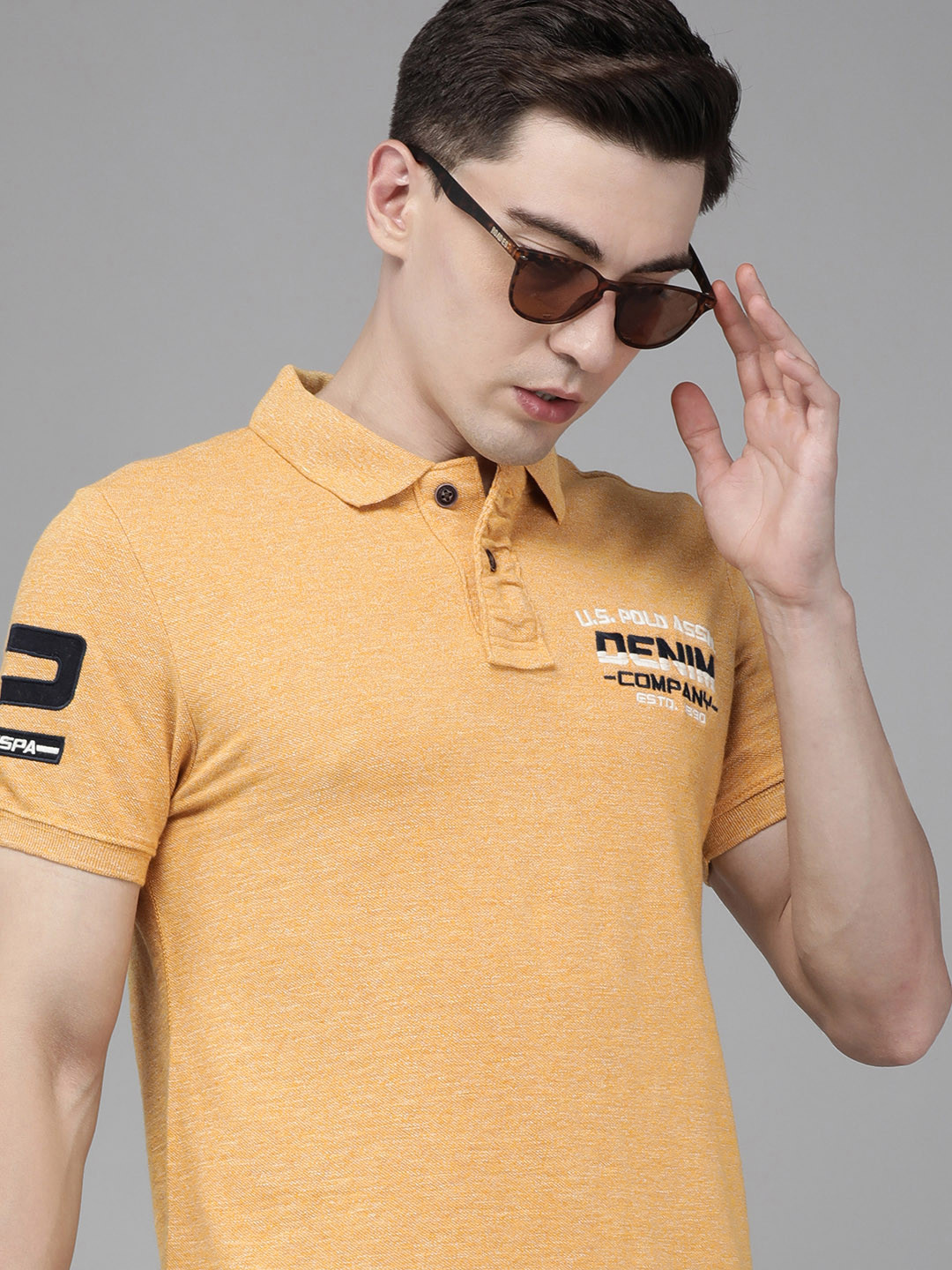 U.S. Polo Assn. Denim Co. Men Mustard Yellow Solid Brand Logo Embroidered T-shirt