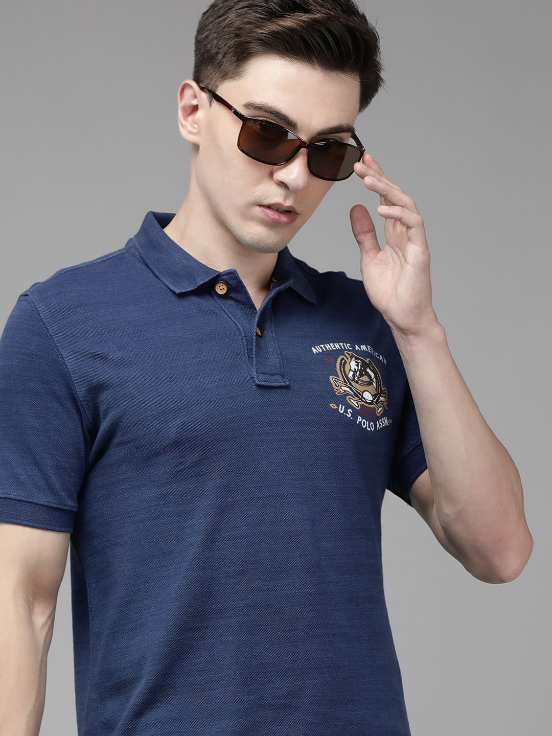 U.S. Polo Assn. Denim Co. Men Navy Blue Back Printed Pure Cotton Polo Collar T-shirt