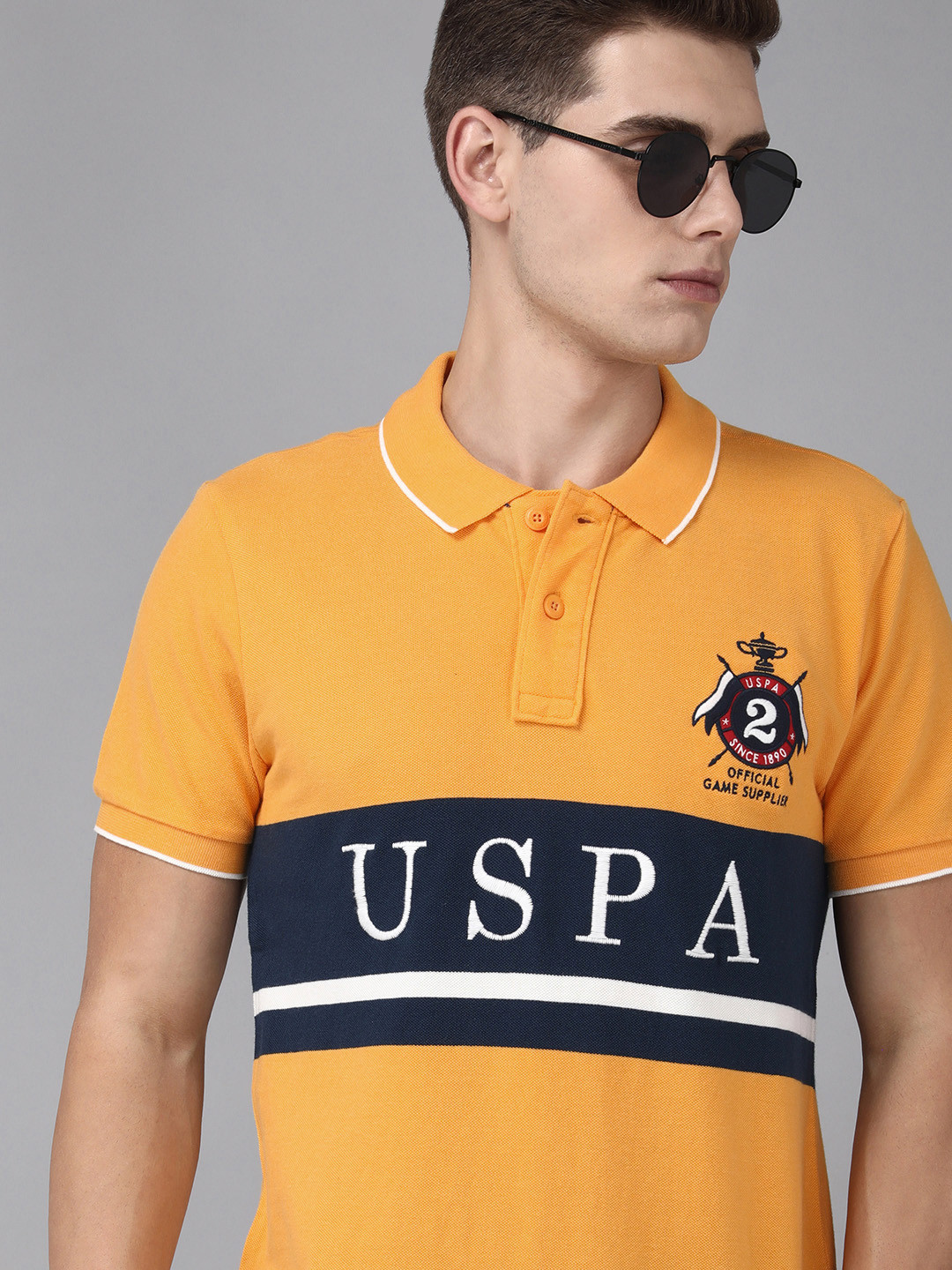 U S Polo Assn Men Yellow & Black Printed Polo Collar Slim Fit T-shirt