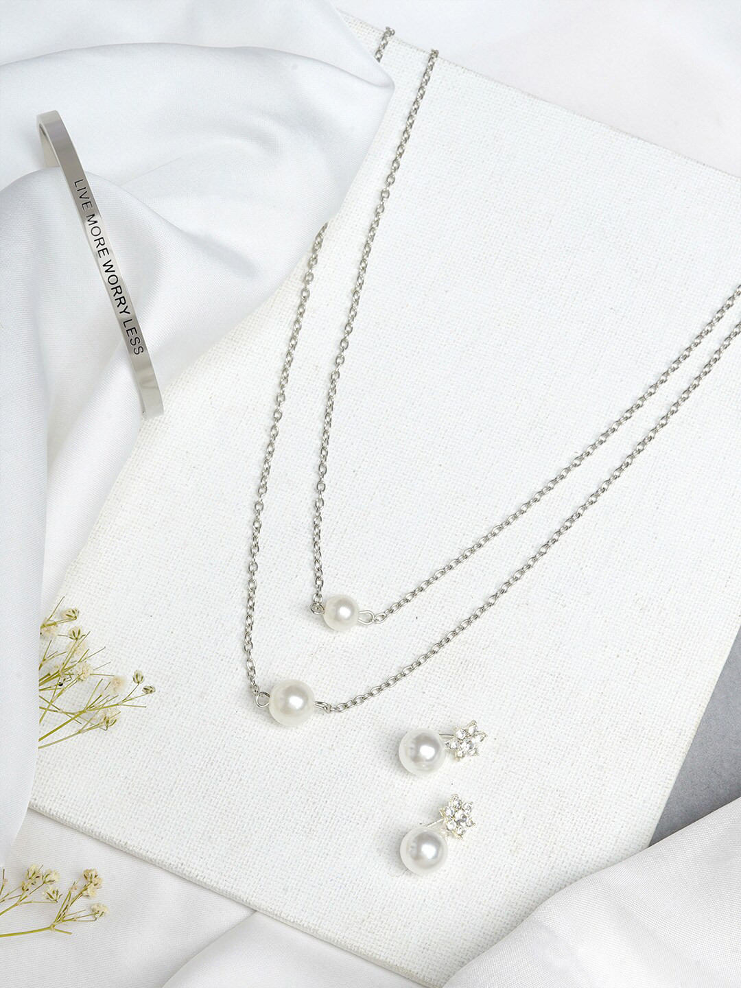 JOKER & WITCH Silver-Plated White Stone-Studded Pearl Beaded Layered Jewellery Set