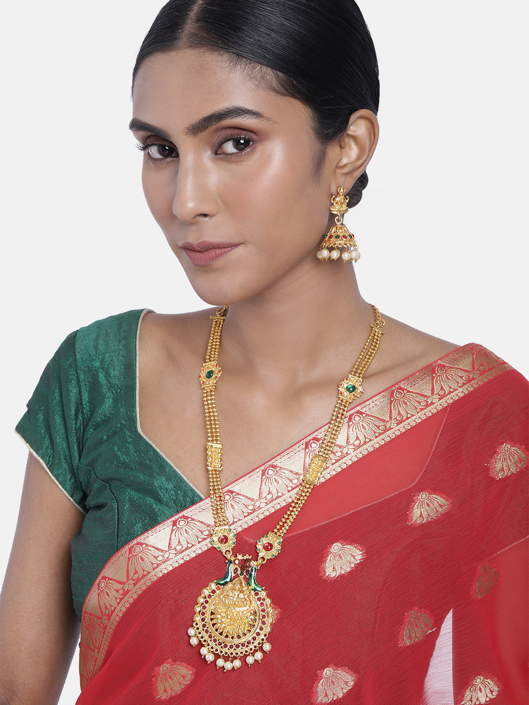 ASMITTA JEWELLERY Multi String Long Peacock Inspired Meenakari Gold Toned Necklace Set