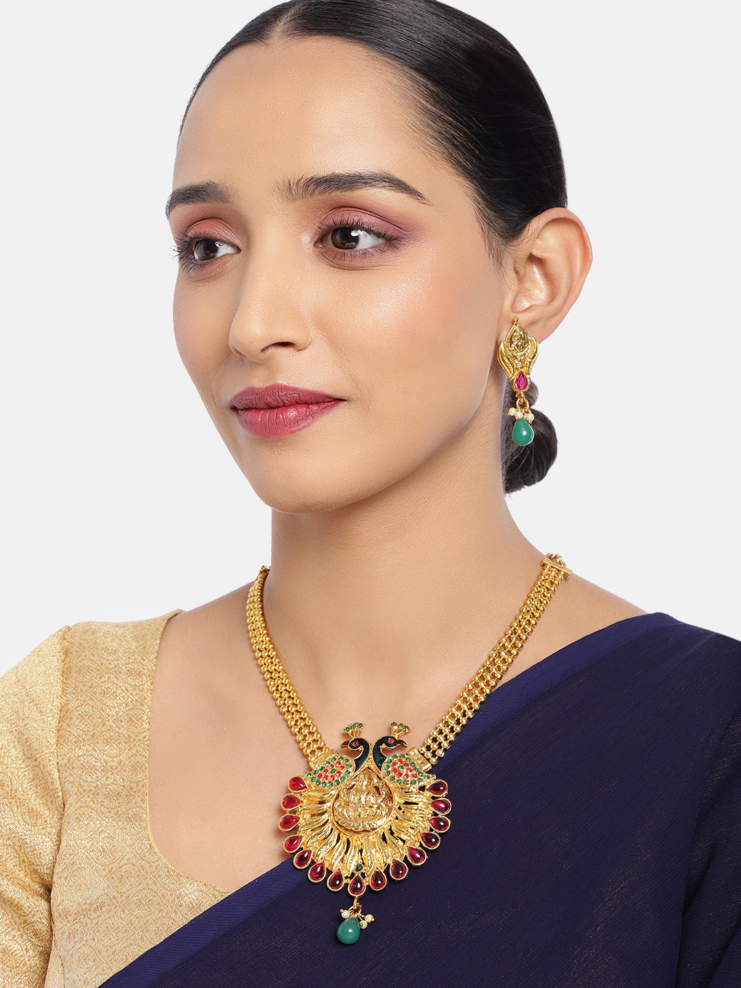 ASMITTA JEWELLERY Gold Toned Peacock Inspired Meenakari Necklace Set