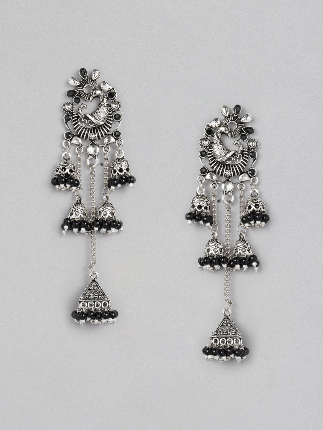 ASMITTA JEWELLERY Silver-Toned & Black Peacock Shaped Drop Earrings