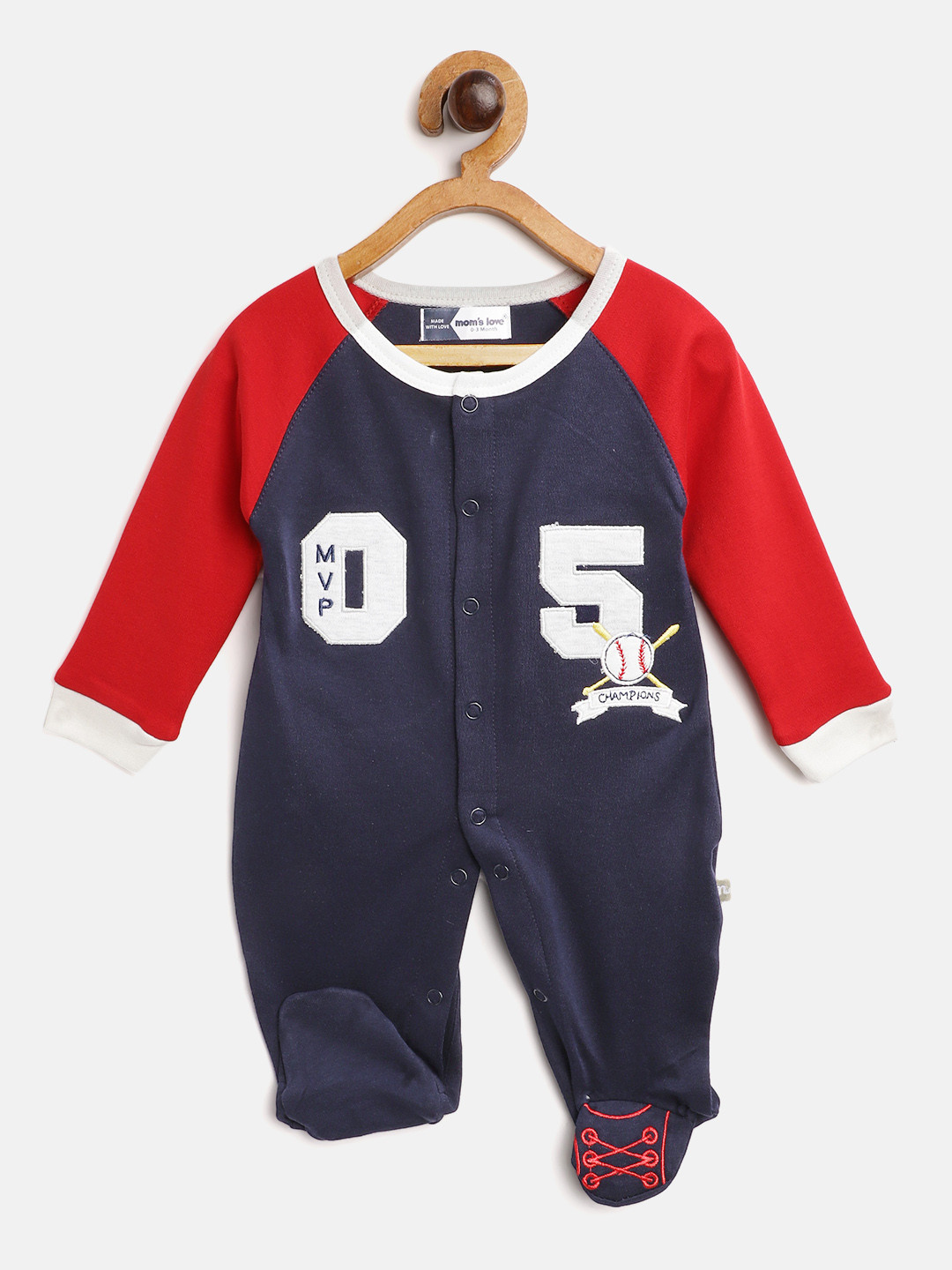 Moms Love Infant Boys Navy & Red Pure Cotton Varsity Applique Sleepsuit