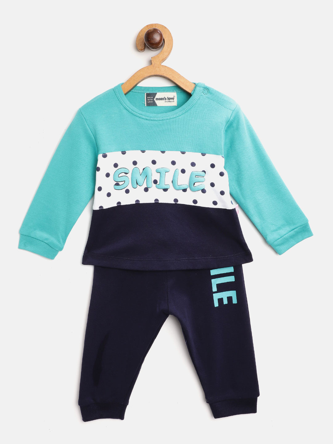Moms Love Infant Girls Blue & White Pure Cotton Typography Printed T-shirt with Joggers