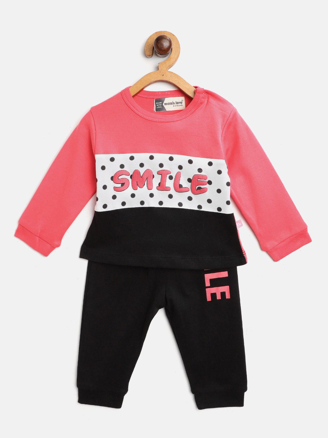 Moms Love Infant Girls Coral Pink & Black Cotton Typography Printed T-shirt with Joggers
