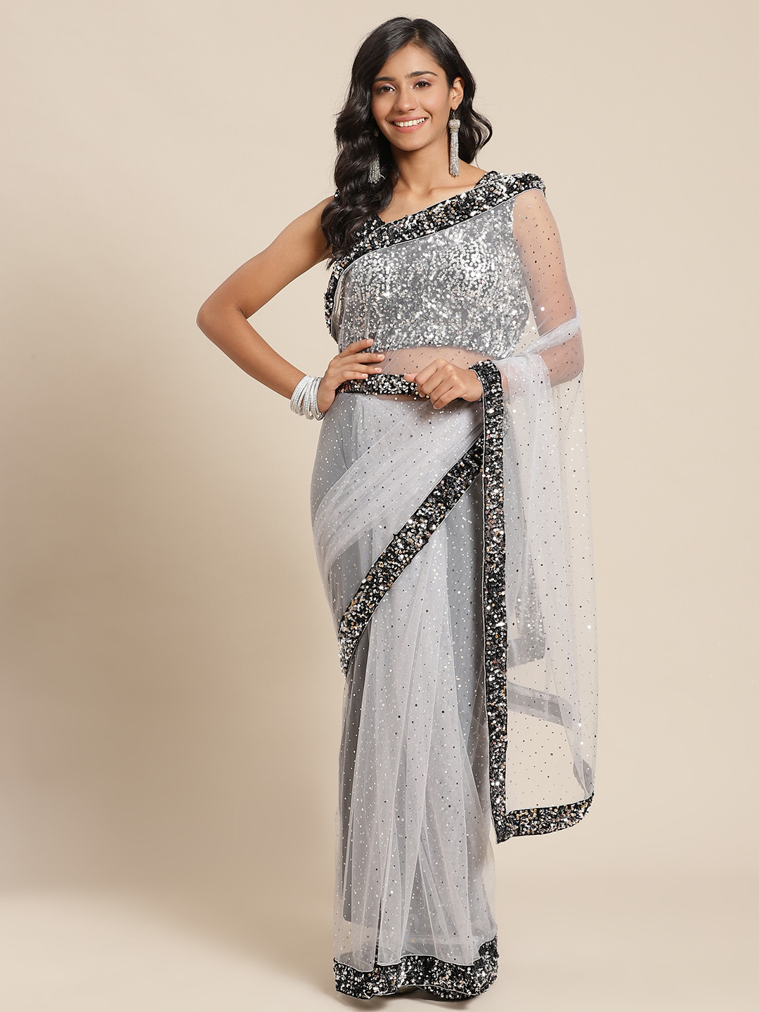 Chhabra 555 Grey & Silver-Toned Sequinned Net Block Print Saree