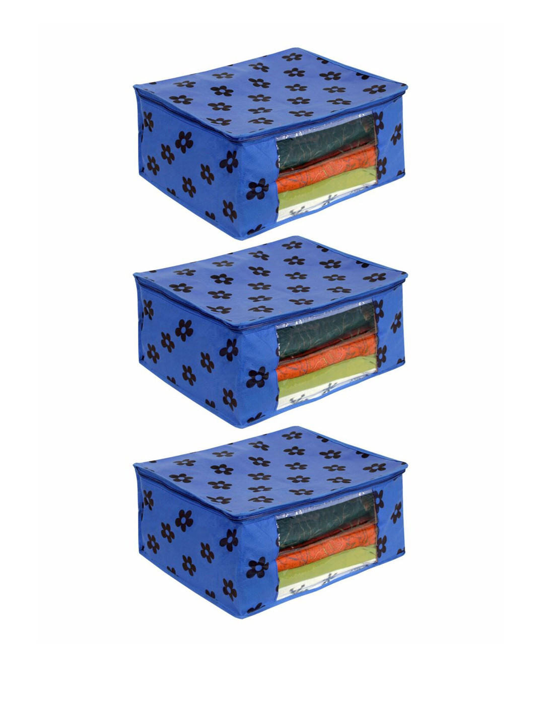 prettykrafts Set Of 3 Blue & Black Printed Saree Organisers With Transparent Window