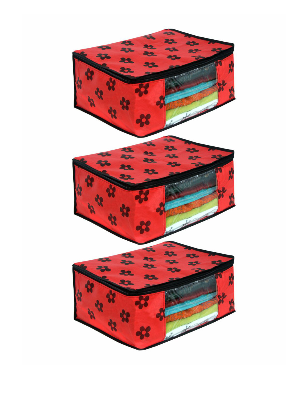 prettykrafts Set Of 3 Red & Black Printed Saree Organisers