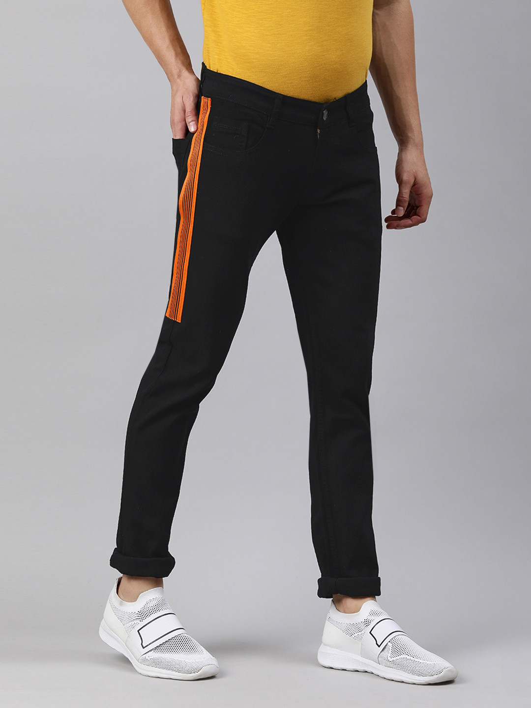 Urbano Jeans Mens Jeans White Stripe Men Mid-Wash Slim Fit Jeans