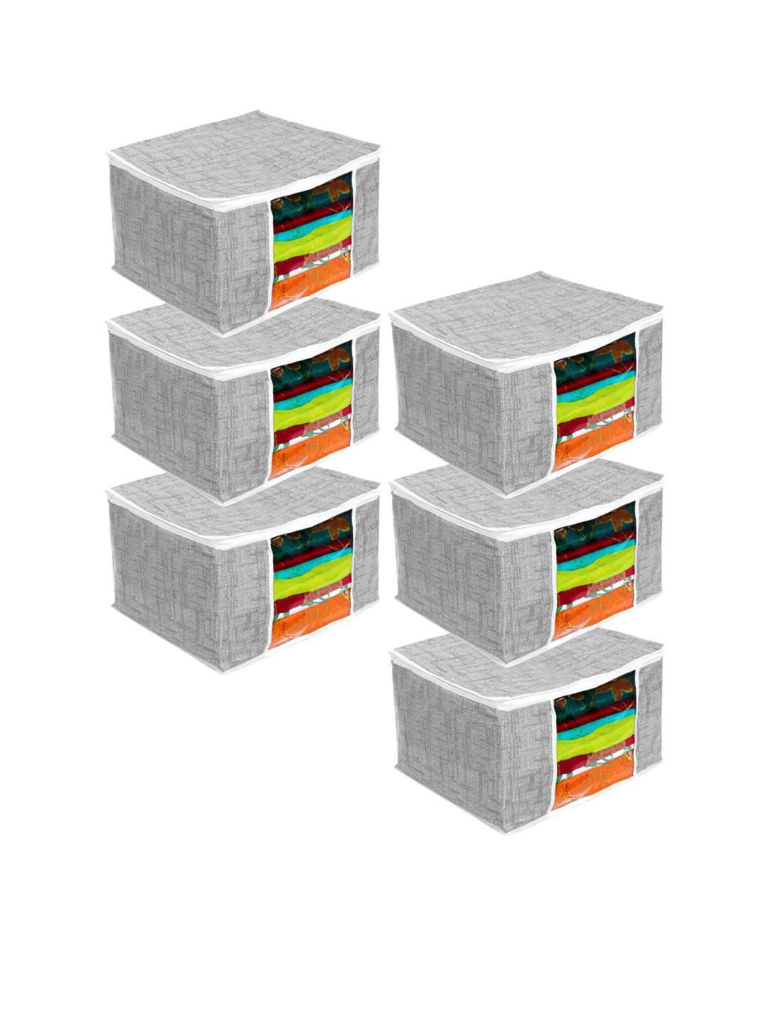 prettykrafts Set Of 6 Grey & White Checked Saree Organizers With Transparent Window