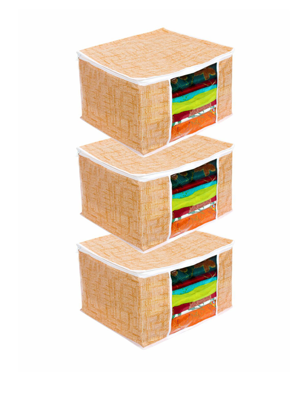 prettykrafts Set Of 3 Orange Saree Organizers With Transparent Window