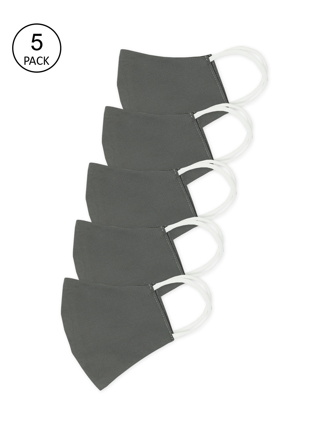 MYTRIDENT Unisex Pack Of 5 Grey Solid 2-Ply Reusable Medium Size Pure Cotton Cloth Masks