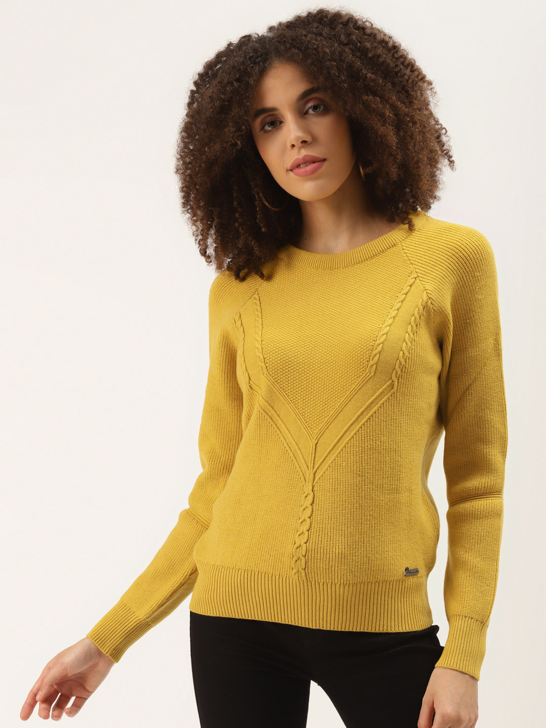 Duke Women Mustard Yellow Self Design Pullover