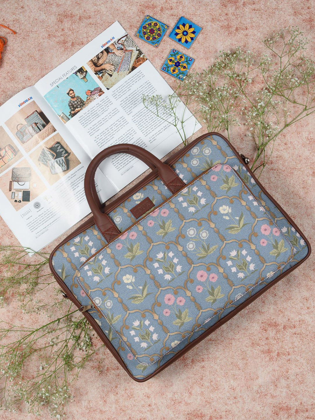 ZOUK Women Blue & Green Printed Vegan Leather Laptop Bag