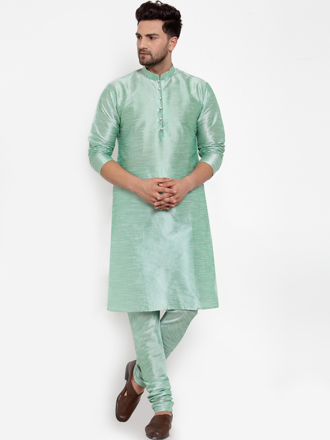 KRAFT INDIA Men Sea Green Regular Dupion Silk Kurta with Churidar