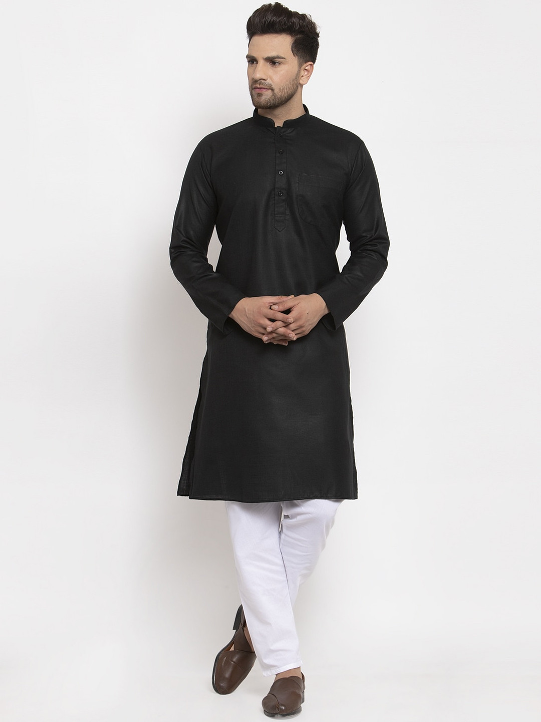 KRAFT INDIA Men Black & White Solid Regular Kurta With Pyjamas