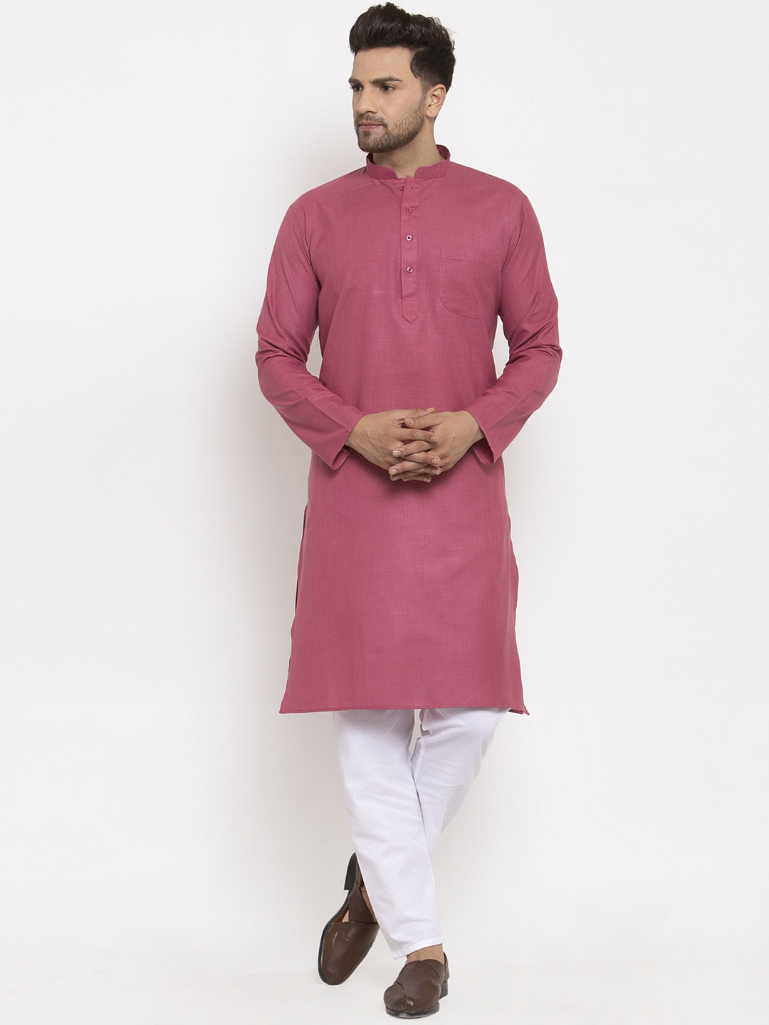 KRAFT INDIA Men Coral & White Solid Regular Kurta With Pyjamas