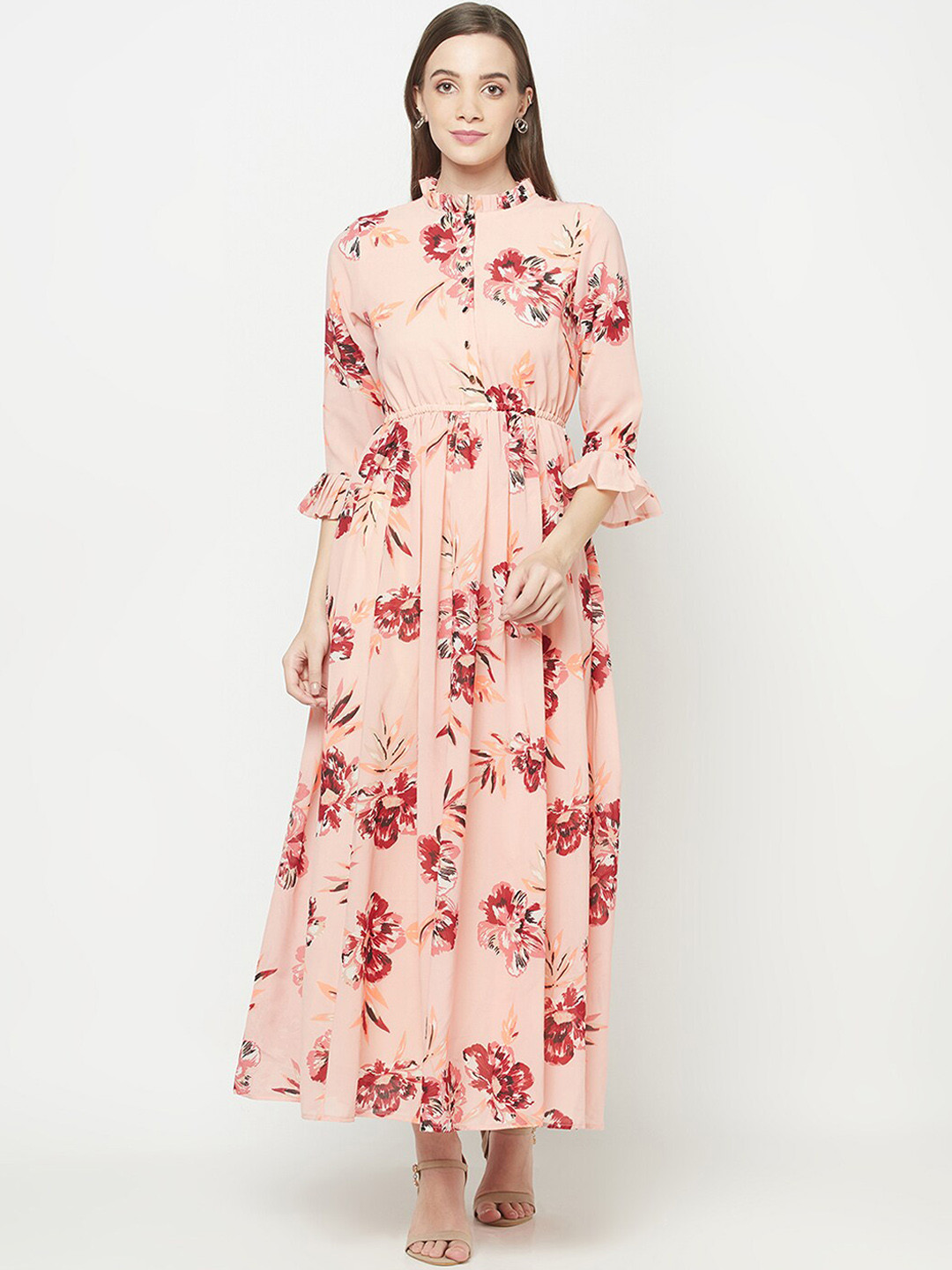 Purple State Women Peach-Coloured Floral Georgette Maxi Dress