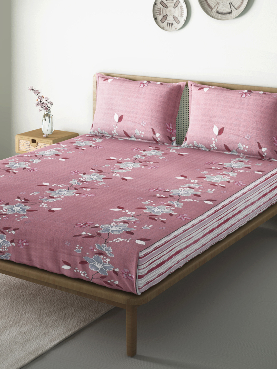 Aura Pink & Grey Cotton Floral Printed 144 TC Queen Bedsheet with 2 Pillow Covers