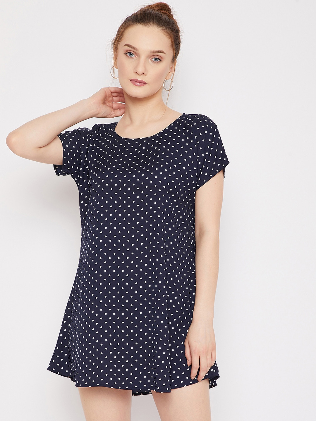 Berrylush Women Navy Blue & White Polka Dot Printed Crepe T-shirt Mini Dress
