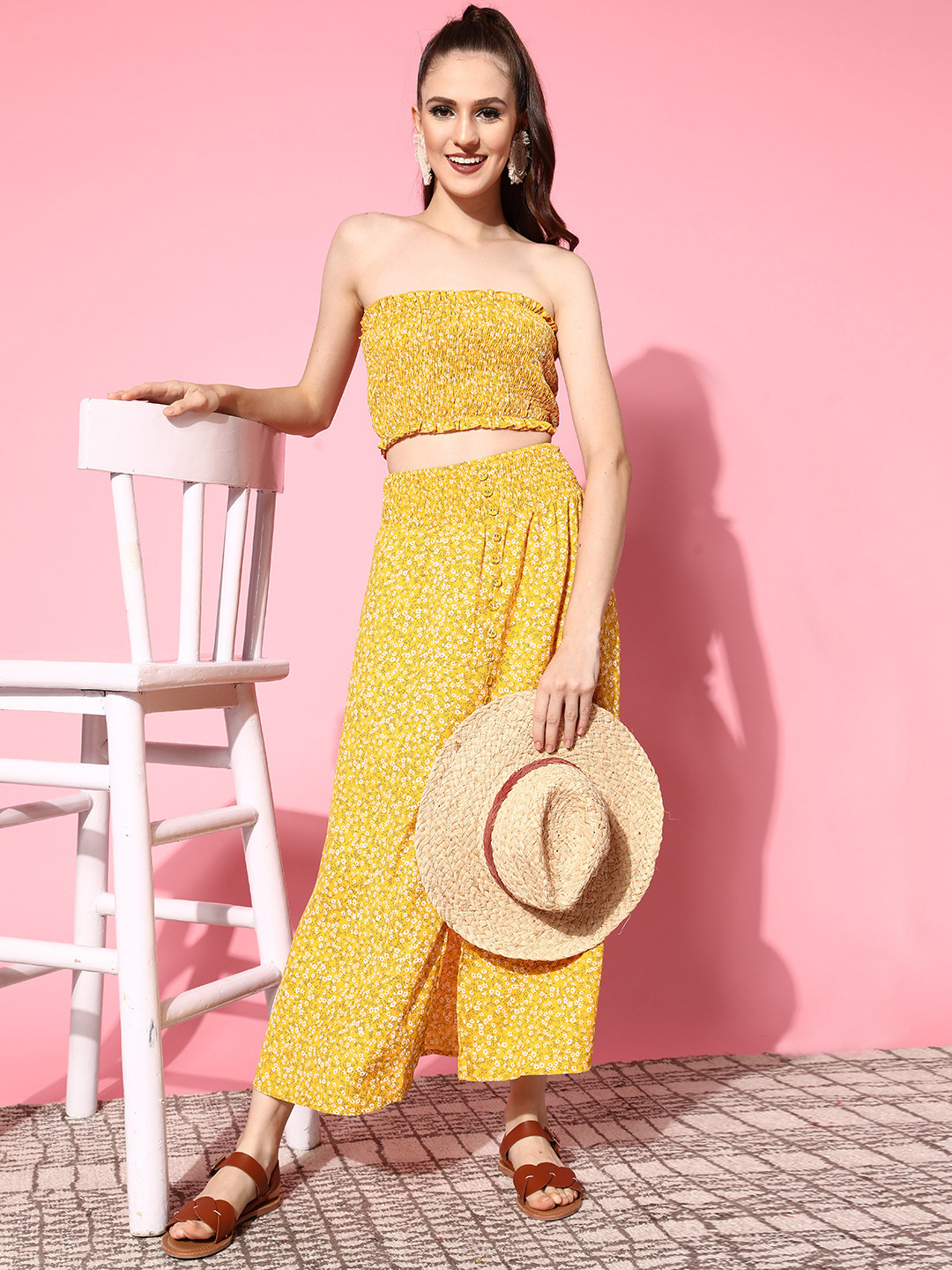 Berrylush Women Bright Yellow Printed Top with Skirt