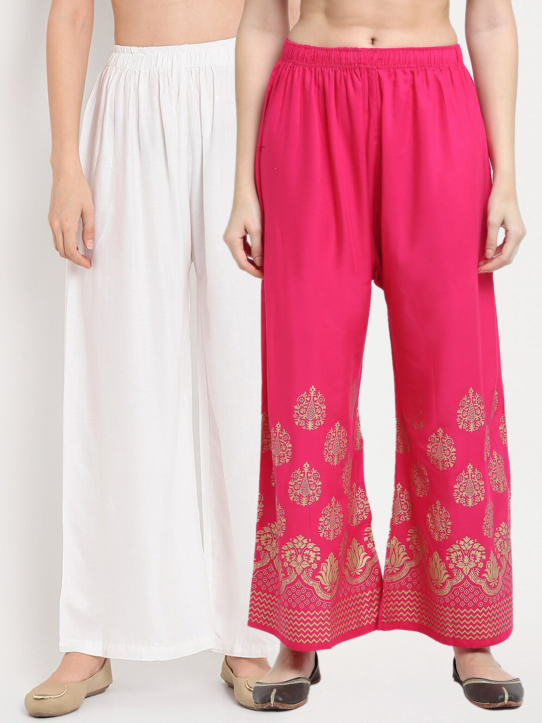 TAG 7 Women White & Pink Set of 2 Palazzos