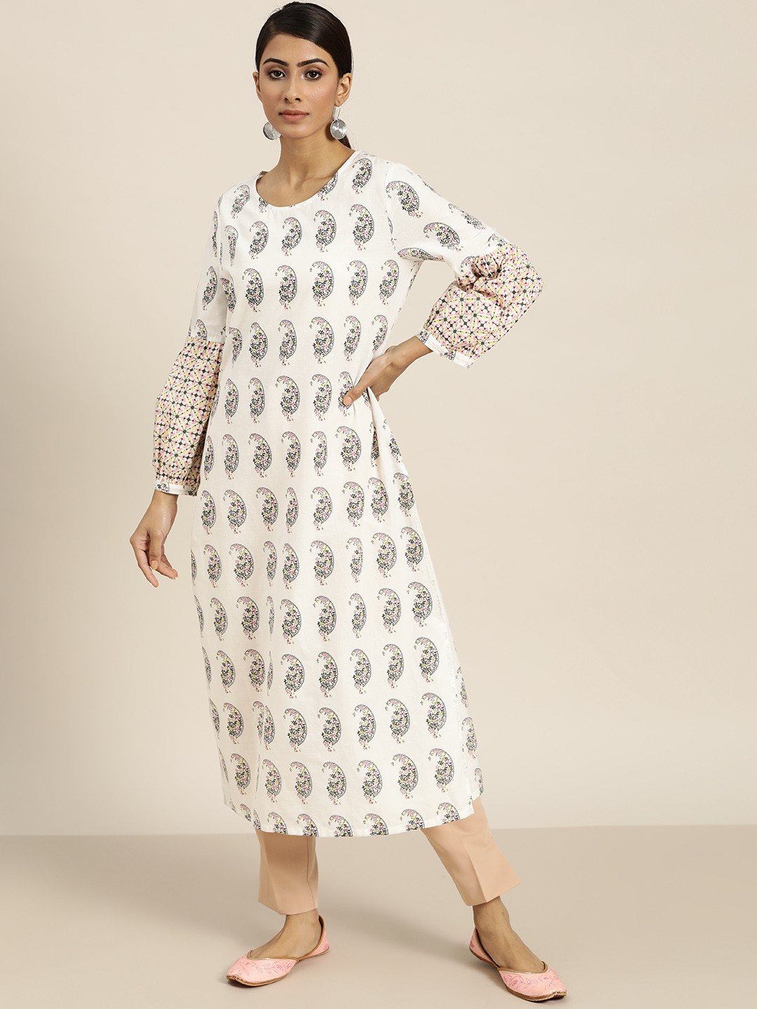 Moda Rapido Women White & Black Cotton Paisley Printed Kurta